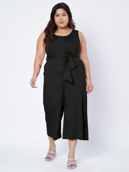 BRINNS - Black Plus Size Round Neck Sleeveless Pure Cotton Jumpsuit with Waist Belt (Set of 2)