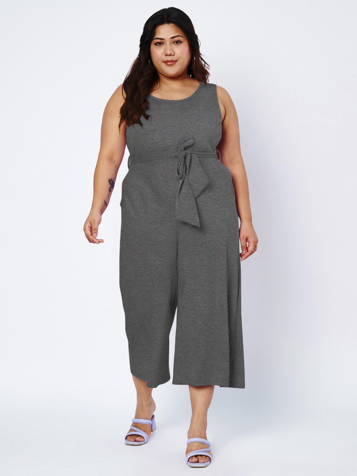 brinns Charcoal Round Neck Sleeveless Pure Cotton Jumpsuit with Waist Belt (Set of 2)-picture-38