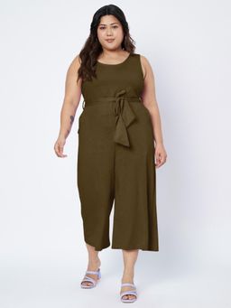 BRINNS - Olive Plus Size Round Neck Sleeveless Pure Cotton Jumpsuit with Waist Belt (Set of 2)