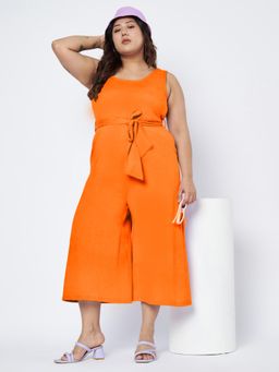 BRINNS - Orange Plus Size Round Neck Sleeveless Pure Cotton Jumpsuit with Waist Belt (Set of 2)