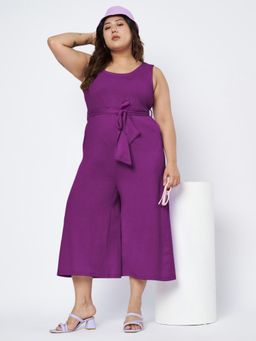 BRINNS - Purple Plus Size Round Neck Sleeveless Pure Cotton Jumpsuit with Waist Belt (Set of 2)