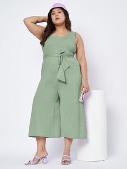 BRINNS - Green Plus Size Round Neck Sleeveless Pure Cotton Jumpsuit with Waist Belt (Set of 2)
