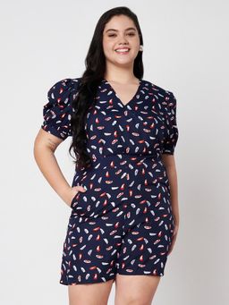 BRINNS - Multi-Color Women Plus Size Printed V-Neck Puffed Sleeves Playsuit