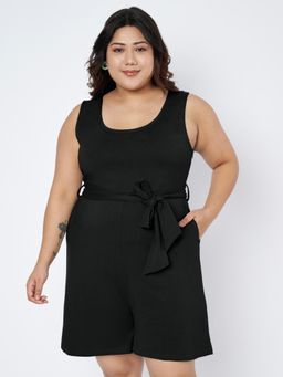 BRINNS - Black Plus Size Round Neck Cotton Playsuit with Waist Belt (Set of 2)