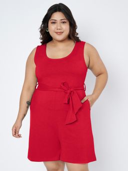 BRINNS - Red Plus Size Round Neck Cotton Playsuit with Waist Belt (Set of 2)