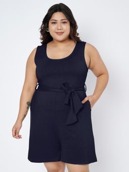 BRINNS - Navy Blue Plus Size Round Neck Cotton Playsuit with Waist Belt (Set of 2)