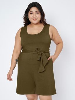 BRINNS - Olive Plus Size Round Neck Cotton Playsuit with Waist Belt (Set of 2)