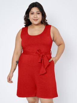 BRINNS - Red Plus Size Round Neck Cotton Playsuit with Waist Belt (Set of 2)