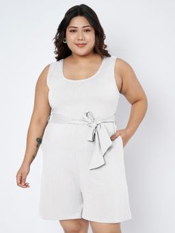 BRINNS - White Plus Size Round Neck Cotton Playsuit with Waist Belt (Set of 2)