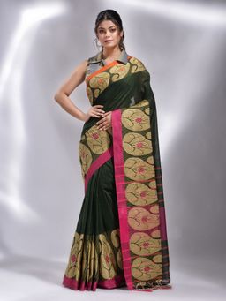 CHARUKRITI - Green Pure Cotton Handwoven Kolka Border Saree with Unstitched Blouse