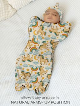 Cocoon Care - Organic Bamboo Arms Up Sleeping Pod for Baby Boys & Girls, Unicorn Print (0-3 Months)