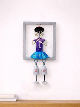 Golden Peacock - Blue And White Handcrafted Wall Mounted Doll Playing Flute Figurine Sculpture Frame