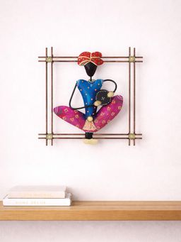 Golden Peacock - Pink & Blue Handcrafted & Hand-Painted Musician Wrought Iron Wall Hanging Showpiece