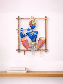 Golden Peacock - Gold-Toned Multi-Color Handcrafted Krishna Hanging Wall Decor