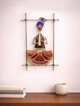 Golden Peacock - Flute Playing Musician Tribal Figurine Wall Decor Frame