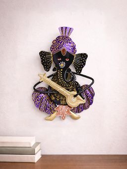 Golden Peacock - Multi-Colour Handicrafts Paradise Lord Ganesh Playing Musical Instrument Wall Hanging