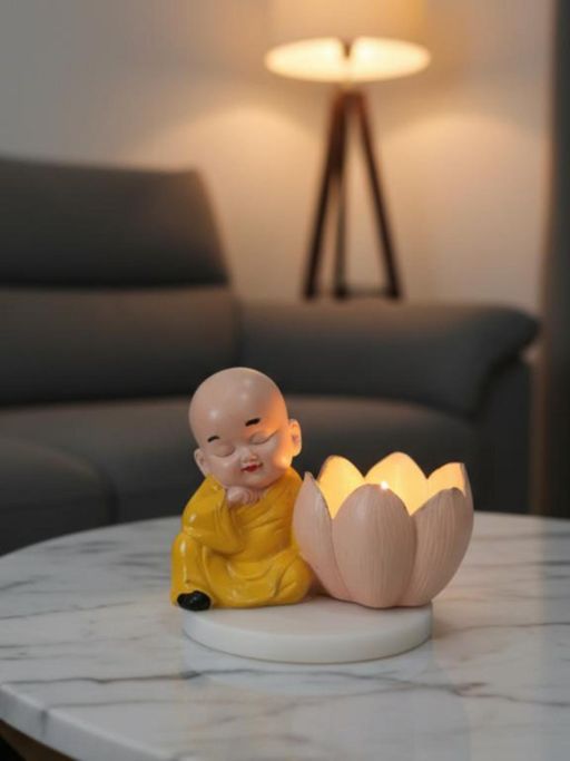Homearte Buddha Monk Lotus Candle Stand Yellow