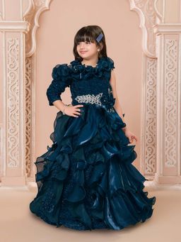 Mini Stitch - Teal 3/4Th Sleeves Multi Layered Velvet Embellished Party Gown