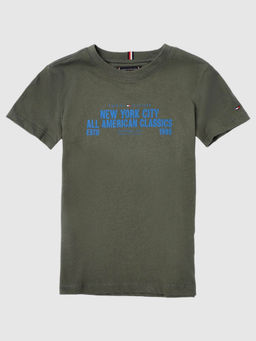 Tommy Hilfiger - Boys Olive Typographic Regular Fit Cotton T-Shirt