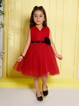 Mini Stitch - Net Woven Sleeveless Bodice Applique Red Party Dress