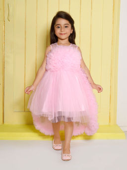 Mini Stitch - Net Woven Sleeveless Gathered Bodice High Low Pink Party Dress