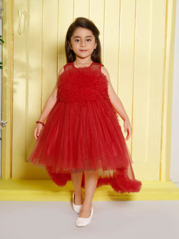 Mini Stitch - Net Woven Sleeveless Gathered Bodice High Low Red Party Dress