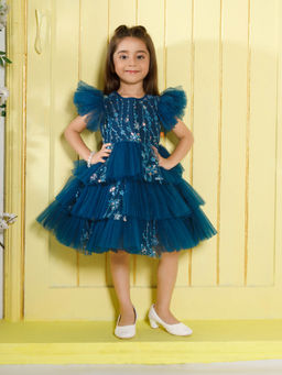 Mini Stitch - Net Woven Flutter Sleeves Tiered Sequence Teal Party Dress