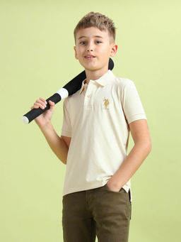 U.S. POLO ASSN. - Boys Beige Solid Regular Fit Polo T-Shirt