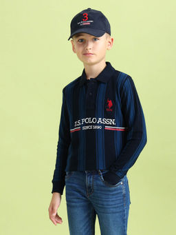 U.S. POLO ASSN. - Boys Navy Blue Vertical Striped Regular Fit Polo T-Shirt