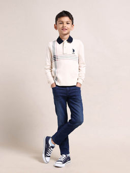 U.S. POLO ASSN. - Boys Beige Horizontal Striped Cotton Polo T-Shirt