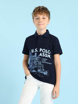 U.S. POLO ASSN. - Boys Navy Blue Brand Printed Regular Fit Polo T-Shirt