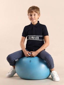 U.S. POLO ASSN. - Boys Navy Blue Brand Printed Regular Fit Polo T-Shirt