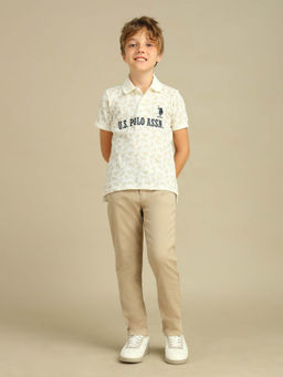 U.S. POLO ASSN. - Boys White All Over Printed Regular Fit Polo T-Shirt