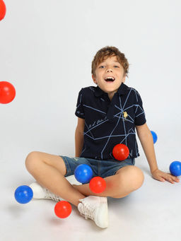 U.S. POLO ASSN. - Boys Navy Blue Geometric Printed Regular Fit Polo T-Shirt