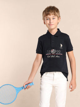 U.S. POLO ASSN. - Boys Navy Blue Brand Printed Regular Fit Polo T-Shirt