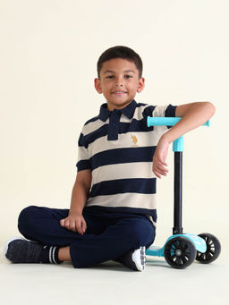 U.S. POLO ASSN. - Boys Navy Blue Horizontal Striped Regular Fit Polo T-Shirt
