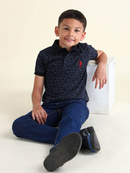 U.S. POLO ASSN. - Boys Navy Blue Brand Printed Regular Fit Polo T-Shirt