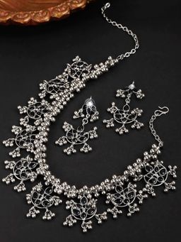 Karatcart - Silver Tone Black Kundan and Tassel Ball Studded Choker Necklace Set for Women (Set of 2)