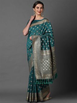 Odette - Teal Blue Wedding Silk Blend Woven Design Saree with Unstitched Blouse