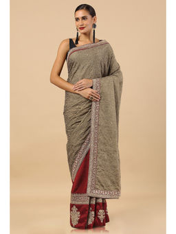 Soch - Maroon Tussar Embroidered Saree with Unstitched