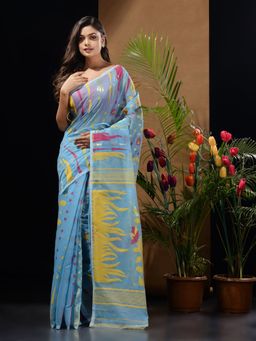 CHARUKRITI - Sky Blue Handwoven Saree with Woven Motifs & Floral Designs