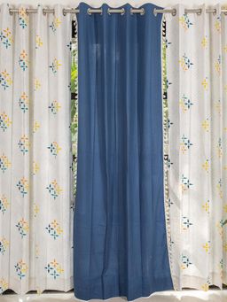 Urban Space - Cotton Curtains for Window - Mosaic & Aura Indigo (Pack of 3)