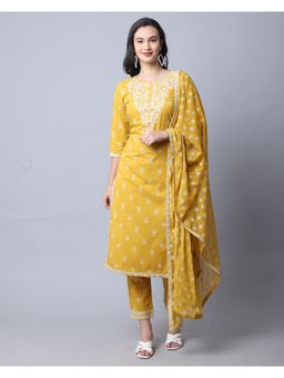 Rajnandini - Yellow Pure Cambric Cotton Embroidered Kurta With Dupatta (Set of 3)