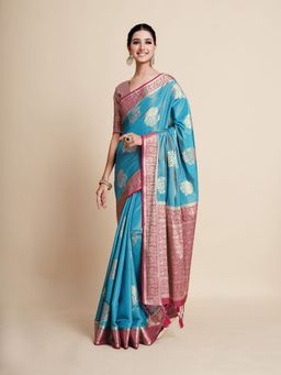 Mimosa - Women Traditional Kanjivaram Art Silk Turquoise Saree with Unstitched Blouse