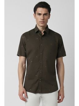 Van Heusen - Men Olive Slim Fit Print Half Sleeves Casual Shirt