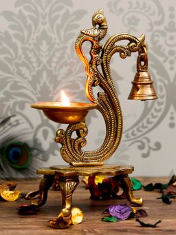 eCraftIndia - Antique Finish Brass Parrot Showpiece Diya with Bells and Stand
