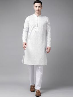See Designs - Men White Pure Cotton Chikankari Embroidered Straight Kurta