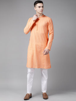 See Designs - Men Peach Pure Cotton Chikankari Embroidered Straight Kurta with Pyjama (Set of 2)