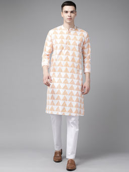 See Designs - Men White & Yellow Stripe Printed Straight Kurta