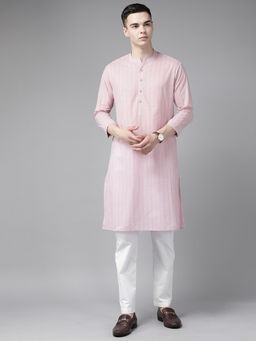 See Designs - Men Pink & Maroon Stripe Printed Straight Kurta with Pyjama (Set of 2)